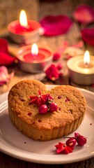 A heart-shaped dessert with flowers and candles on a table