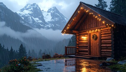 Fototapeta premium Cozy wooden cabin illuminated by warm string lights and a wreath, providing a serene retreat on a rainy evening against majestic snow-capped mountains