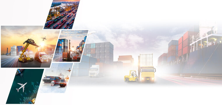 Container truck in ship port for business Logistics and transportation of Container Cargo ship and Cargo plane with working crane bridge, logistic import export and transport industry background