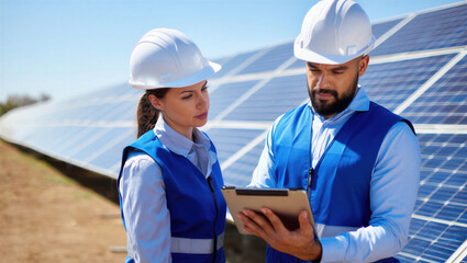 Two engineers in safety gear review plans on a tablet at a solar panel installation site. Renewable energy project discussion.