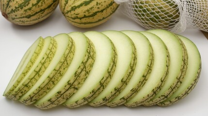 Sliced melons arranged on a surface