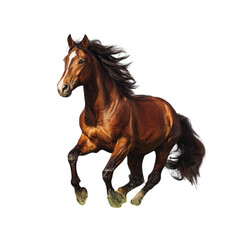 Fototapeta premium Majestic brown horse with flowing mane and tail galloping powerfully isolated on transparent background
