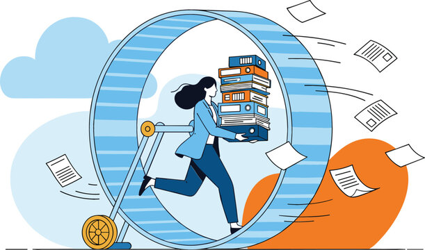 Flat vector illustration of a woman running in a giant hamster wheel while carrying a heavy stack of files for workplace burnout and repetitive task concepts