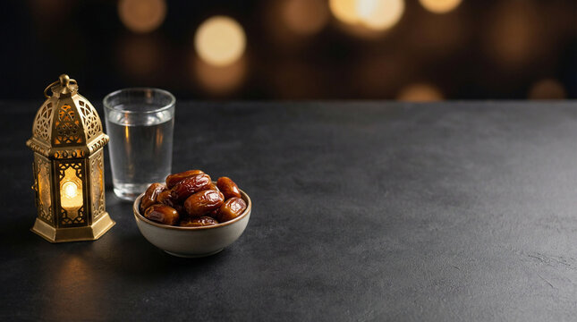 Ramadan iftar background with dates, a glass of water, and a lantern arranged neatly on one side