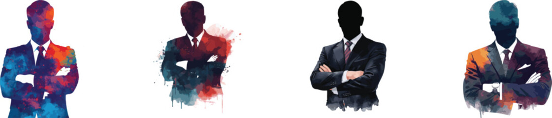 Watercolor Set Businessman Silhouette with Crossed Arms Wearing Suit and Tie Vector Illustration. Isolated on white background