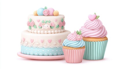 Pastel Two Tier Cake With Bunny Decoration And Matching Cupcakes