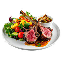 Tender roast lamb loin accompanied by a citrus and passion fruit salad, captured and isolated on a stark white background.