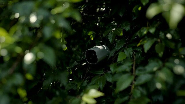 Outdoor security camera concealed among dense green leaves in natural environment