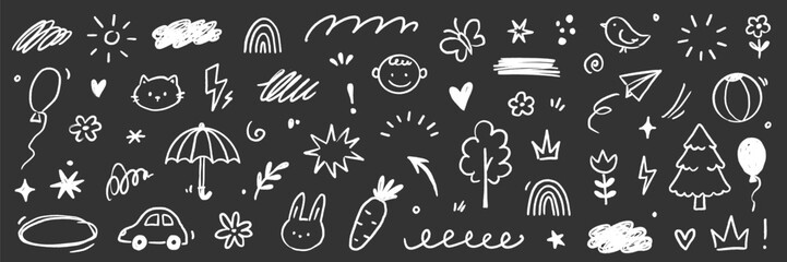 Kid element cute icon set. Kid icon heart, star, cloud element line hand drawn sketch on background. Cute childish chalk crayon art with flower, rainbow, sun on chalkboard. Vector illustration