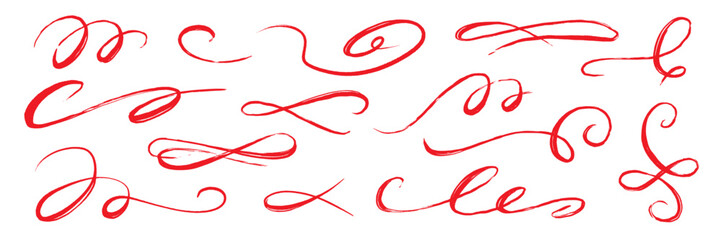 Flourish drawn swash red set. Red flourish calligraphy hand drawn pen brush ink thin stroke line..Vintage doodle swirl scroll underline text decoration texture grunge. Vector illustration.