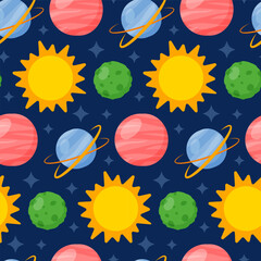 cosmic seamless pattern with suns, planets, stars. Space.