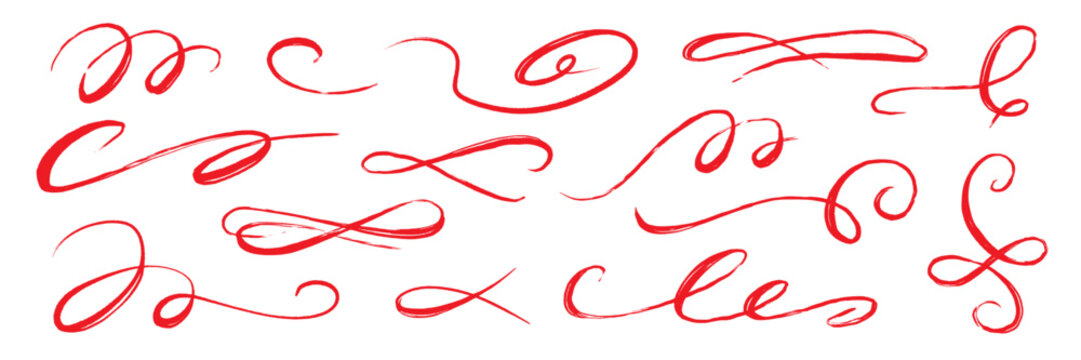 Flourish drawn swash red set. Red flourish calligraphy hand drawn pen brush ink thin stroke line..Vintage doodle swirl scroll underline text decoration texture grunge. Vector illustration.