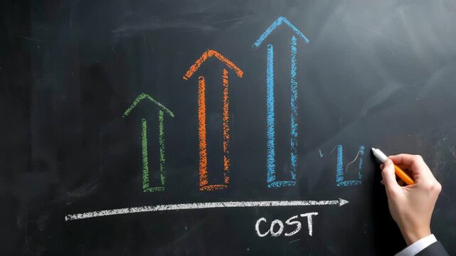 Hand drawing upward arrows and cost line on chalkboard representing increasing values