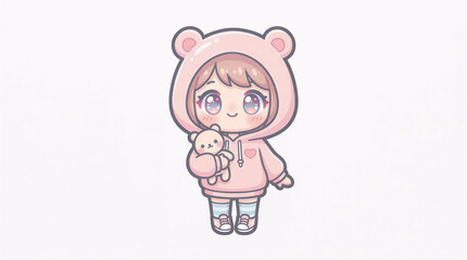 Adorable chibi girl illustration in a charming pink bear hoodie, sweetly holding a small teddy bear, a delightful cartoon character radiating innocence and joy