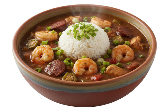 Hearty bowl of shrimp and sausage gumbo with rice and greens steaming hot