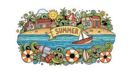 Obraz premium Summer vacation beach scene with colorful doodles and elements.