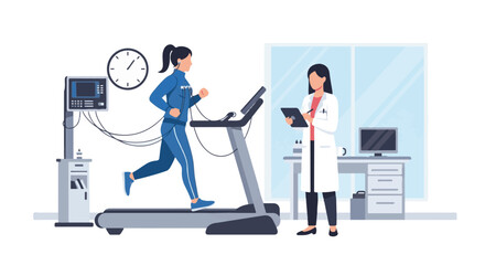 Female athlete undergoing a medical fitness test on a treadmill with a doctor monitoring her vitals and providing guidance