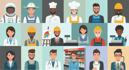 Diverse professionals and workers from various industries in a grid pattern, representing a wide range of careers and occupations