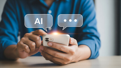 A person interacts with a smartphone featuring AI chat icons