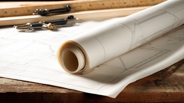drafting. Architectural blueprint roll on wood with drafting tools under warm lighting. real-estate listings, architecture portfolios, designed for real-estate listing and luxury residence showcases.