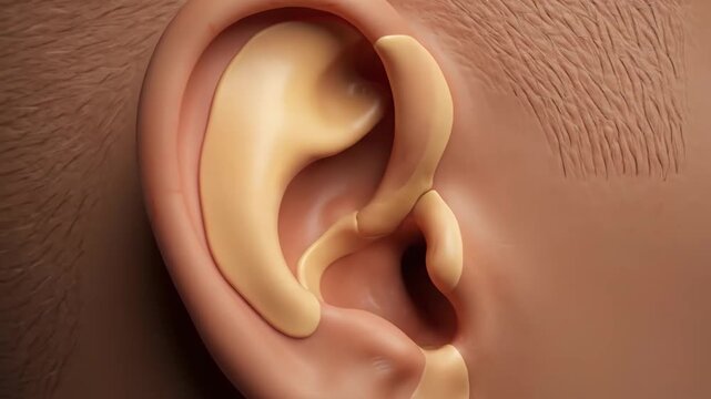 A comprehensive 3D animation illustrating the human ear's external anatomy and its internal cartilage structure.