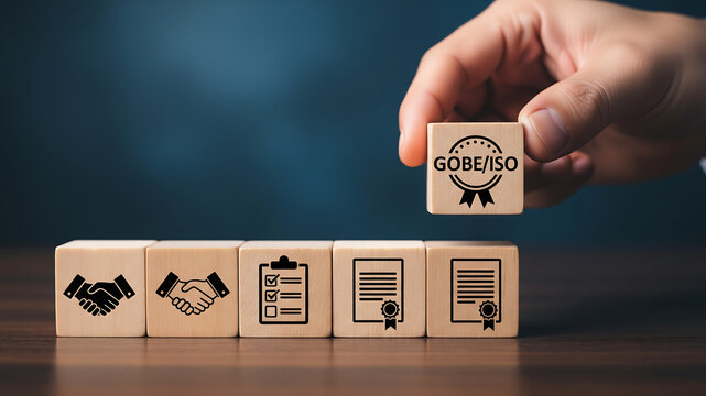 A hand placing a wooden block with GOBE ISO certification on top of other blocks