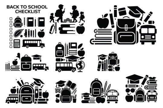 Black and white back to school checklist with backpacks, books, and apples