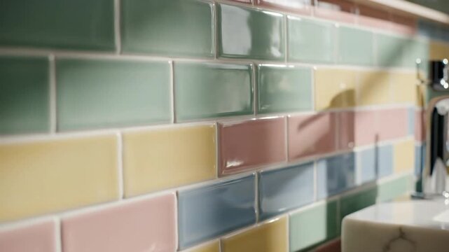 Closeup of glossy pastel subway tiles in green, yellow, pink, and blue, with a partial sink