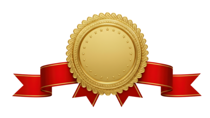 Premium Gold Quality Seal with Stars and Elegant Red Ribbon for Awards and Certification Designs transparent background