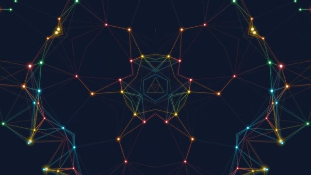 Network of interconnected nodes and lines on dark background.