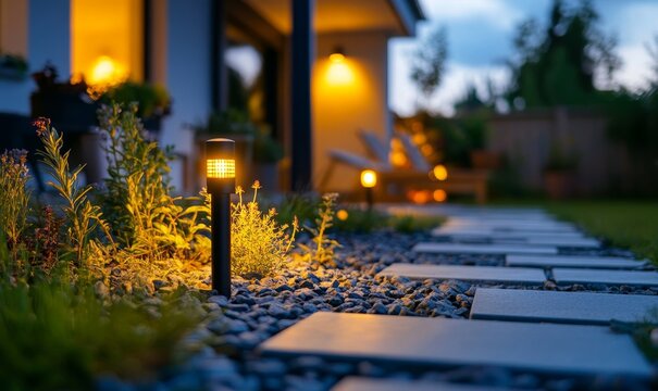 A landscape lit with low-motion lights around the house and the pathway leading to the front door, showcasing the importance of outdoor lighting for home security in dimly-lit night, Generative AI