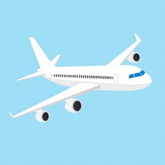 A white airplane flying in a light blue sky