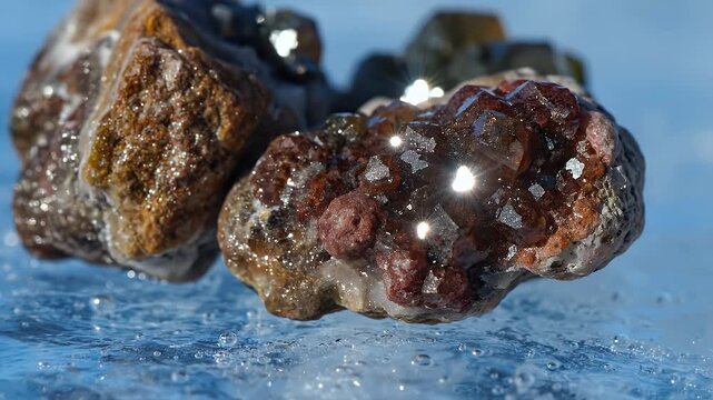 An extremely detailed 4K macro shot shows rare earth mineral rocks sitting on blue Arctic ice. The sun glimmers on the valuable crystals, highlighting their detailed textures and strategic importance.
