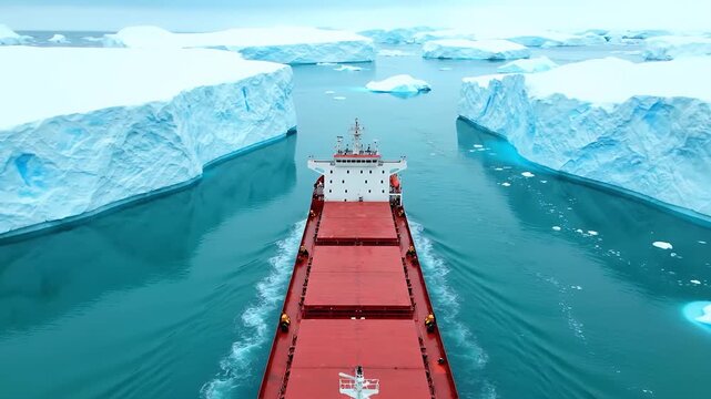 A 4K aerial view shows a cargo ship carefully navigating a narrow channel between massive icebergs in turquoise water, highlighting the challenges and opportunities of Arctic shipping routes.