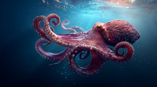Giant Pacific octopus swimming underwater in dramatic light
