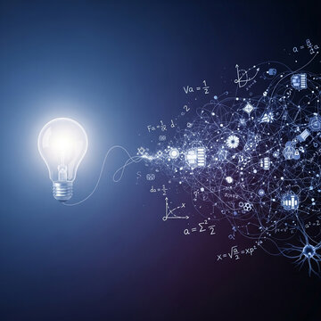 Light bulb with glowing idea and complex mathematical equations and symbols exploding out