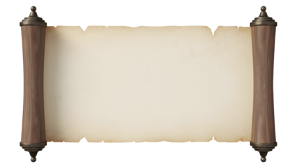 Vintage antique paper scroll with wooden rollers and torn edges for historical letters, ancient documents and creative messages transparent background