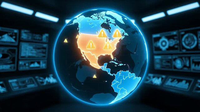 A 4K animation shows a 3D holographic globe of America, where digital warning triangles suddenly pop up and pulse over the U.S.A. as the map shifts from cool blue to a glowing amber-orange.