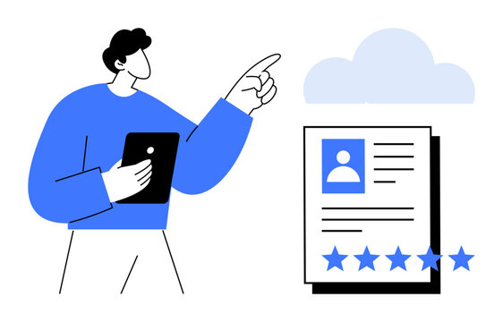 Person holding a tablet and pointing at a digital profile with a star rating, illustrating online data evaluation. Ideal for concepts thumbs up online reviews, data storage, feedback, HR processes