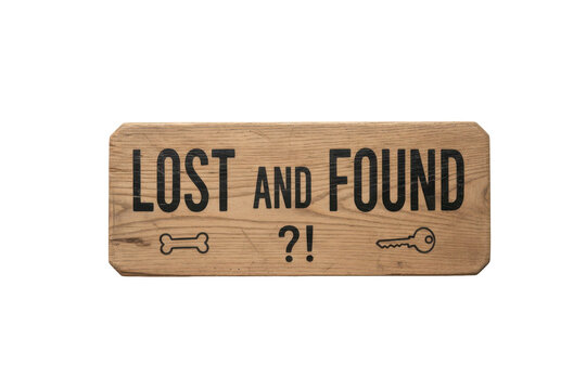 Lost and Found Sign with Dog Bone and Key Icons on Wood