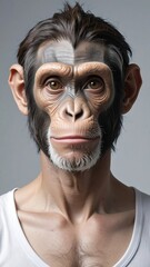 A humanoid monkey hybrid with a white tank top stares forward