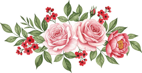 Naklejka premium Vintage floral arrangement with pink roses and green leaves on white background