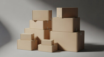 Cardboard shipping boxes stacked, neutral background, soft shadows, no branding, e-commerce logistics concept, high quality studio lighting