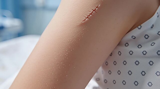 Closeup of a surgical incision with stitches on a patients arm highlighting medical recovery and healing process.