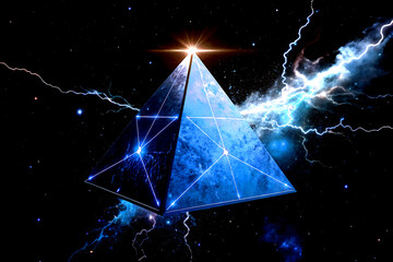 A pyramid shaped blue lightning flashing across a  sky, lines in a modern computer graphic art pattern Black Background, Top of pyramid star light.