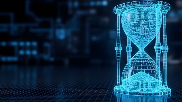 Digital Wireframe Hourglass with Binary Data Sand