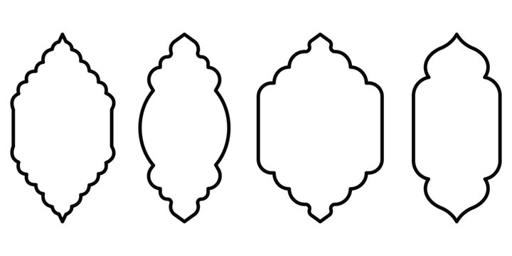 Old islamic window shapes vector set in oriental style. Black silhouette eid mubarak decorative arches, mosque borders or moroccan gates. Arabic Muslim architecture design elements, Ramadan frames. 
