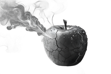 A fresh, ripe black apple with glistening water drops and a smoking and cracking in apple on a white background.