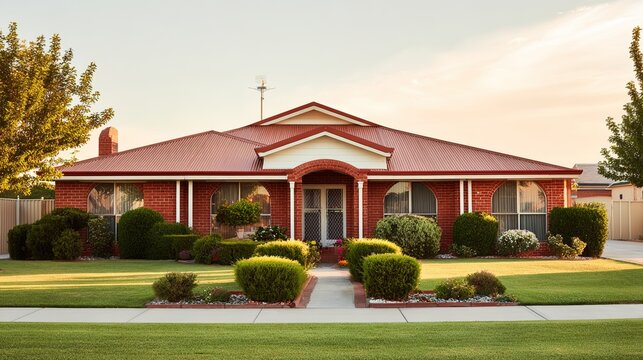 frontyard. Charming suburban house with red brick facade and manicured lawn, exuding warmth and comfort. real-estate listings.