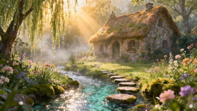 A cozy fairytale stone cottage with a thatched roof, nestled in a lush secret garden. A crystal-clear sparkling stream flows gently through the front yard with stepping stones.